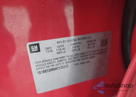 2017 Chevrolet Cruze Lt Auto z USA, uszkodzony, nr VIN 1G1BE5SM8H7175373